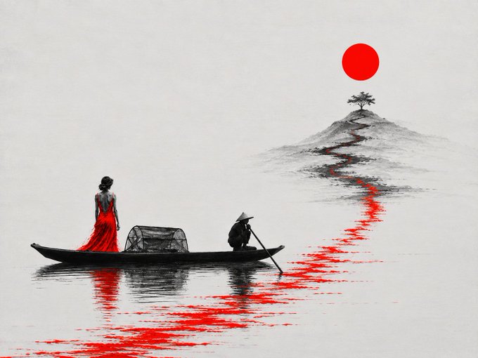 A minimalist ink-style artwork depicting a figure in a red dress and a person in a conical hat in a boat on water, with a red sun above a distant mountain and red reflections on the water.