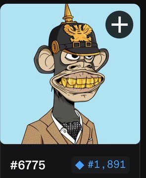 A digital collectible/NFT card featuring a cartoon monkey wearing a spiked Pickelhaube helmet with gold teeth, labeled '#6775' with a diamond price of '#1,891'.