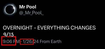 A social media post by user "Mr Pool" (@_Mr_PooL_) reads "OVERNIGHT - EVERYTHING CHANGES 9/15" with "9:06 PM 1/26/24 From Earth," where the time "9:06 PM" and date "1/26/24" are highlighted in red, reinforcing the "Back to the Future" theme by evoking the iconic date and time associated with the film.