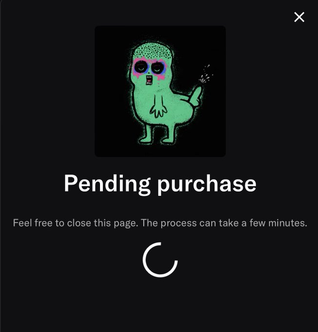 A dark mobile screen showing a 'Pending purchase' status with a green cartoon character holding a smoking device, featuring a loading spinner and the message 'Feel free to close this page. The process can take a few minutes.'