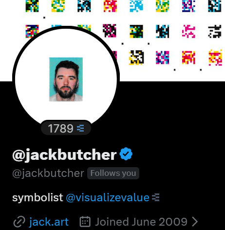 A Twitter-style profile screen for “@jackbutcher,” showing “1789,” “symbolist @visualizevalue,” and “jack.art Joined June 2009.”