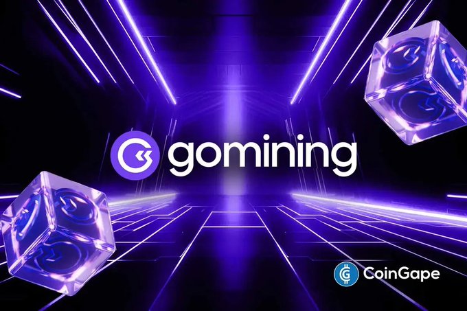 The image shows a futuristic purple neon-lit digital tunnel with the "gomining" logo prominently displayed in the center, flanked by translucent crystal cubes, with the "CoinGape" watermark in the bottom right corner. The "GOMINING HACK? $2.8M DRAINED FROM 600+ WALLETS" caption refers to this image as it highlights the suspected @GoMining security breach where approximately $2.79M was drained from over 600 wallets, visually tying the dramatic, cyber-themed aesthetic to the alarming nature of the hack report.
