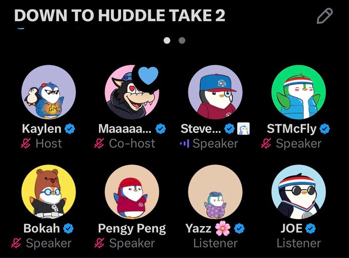 A screenshot of a Twitter Spaces audio room titled 'DOWN TO HUDDLE TAKE 2' shows eight participants with cartoon avatar profile pictures, including the host 'Kaylen' and co-host 'Maaaa...'.