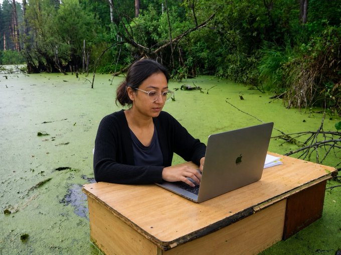 A woman with glasses and dark hair works on a MacBook laptop while sitting at a wooden desk in a swamp covered in green duckweed.