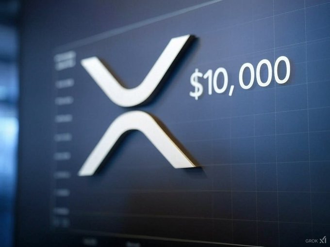 The image displays the XRP logo alongside the text "$10,000" on a dark digital background, reinforcing the post's bullish price prediction. It visually represents the ambitious target of $10,000 per XRP token, encouraging engagement through retweets and likes from supporters who share that outlook.