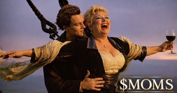 Two characters embrace at the bow of a ship with arms outstretched, one holding a glass of wine. The text '$MOMS' appears in the lower right corner.