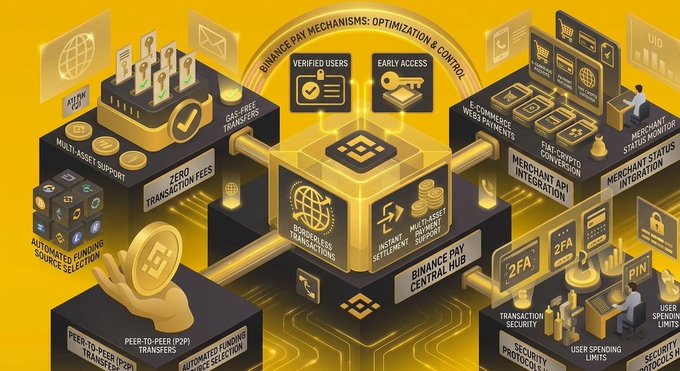 A yellow and black infographic titled 'BINANCE PAY MECHANISMS: OPTIMIZATION' displaying various cryptocurrency features including verified users, zero transaction fees, and 2FA security.