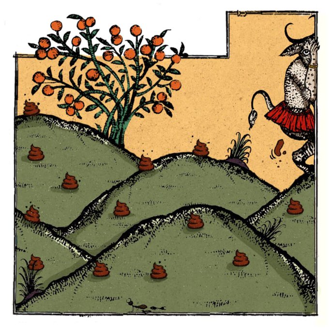 An illustrated scene shows a cow in a red skirt walking away from a landscape filled with hills, an orange tree, and numerous piles of poop.