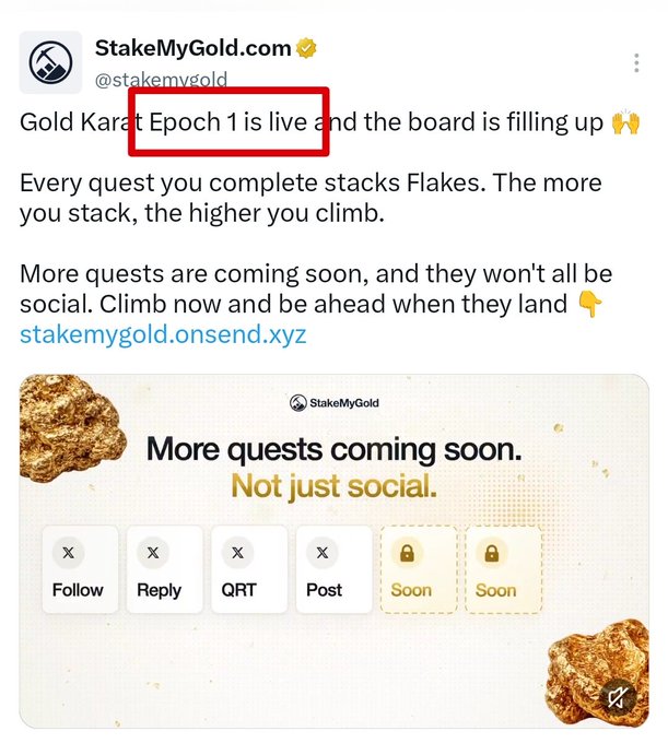 A social media post from @StakeMyGold.com announces "Gold Karet Epoch 1 is live and the board is filling up," with text highlighted in a red box, promoting a testnet where completing quests stacks rewards, alongside an embedded graphic teasing upcoming non-social quest types like "Follow," "Reply," "QRT," and "Post."