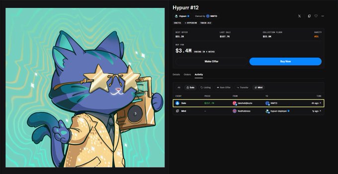 A screenshot of an NFT marketplace listing "Hypurr #12" for 3.4M, showing a cartoon blue cat with star-shaped sunglasses holding a boombox on the left and purchase activity on the right.