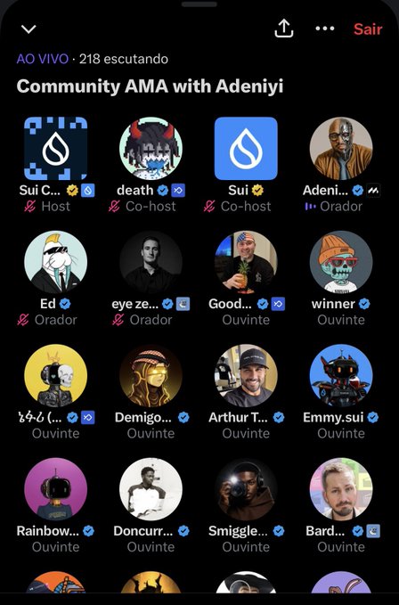 A mobile screenshot of a live audio room titled 'Community AMA with Adeniyi' (AO VIVO, 218 escutando), featuring Sui C... and Sui as Co-hosts, Adeni... as Speaker, and multiple participants labeled as 'Orador' (Speaker) or 'Ouvinte' (Listener).