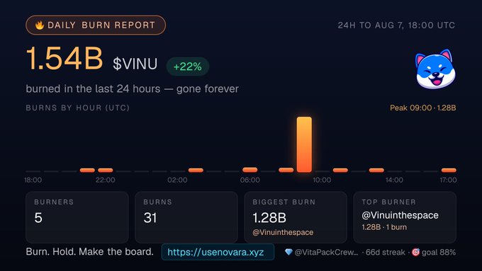 A 'Daily Burn Report' dashboard shows 1.54B $VINU burned in the last 24 hours with a +22% indicator, displaying a bar chart of burns by hour and identifying '@Vinuinthepsace' as the top burner.