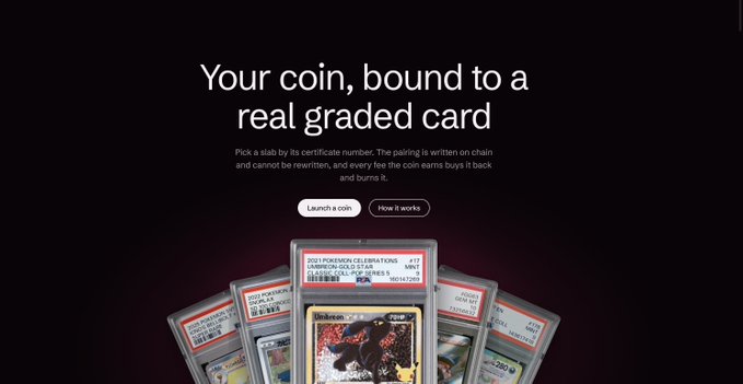 A webpage header reading 'Your coin, bound to a real graded card' promoting a service that pairs digital coins with physically graded PSA-graded Pokémon cards, including Charizard, displaying buttons for 'Launch a coin' and 'How it works'.