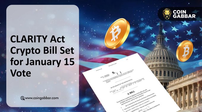 A promotional graphic for 'COIN GABBAR' announcing that the 'CLARITY Act Crypto Bill [is] Set for January 15 Vote,' featuring the U.S. Capitol building, an American flag backdrop, gold Bitcoin coins, and a document titled 'A BILL'.