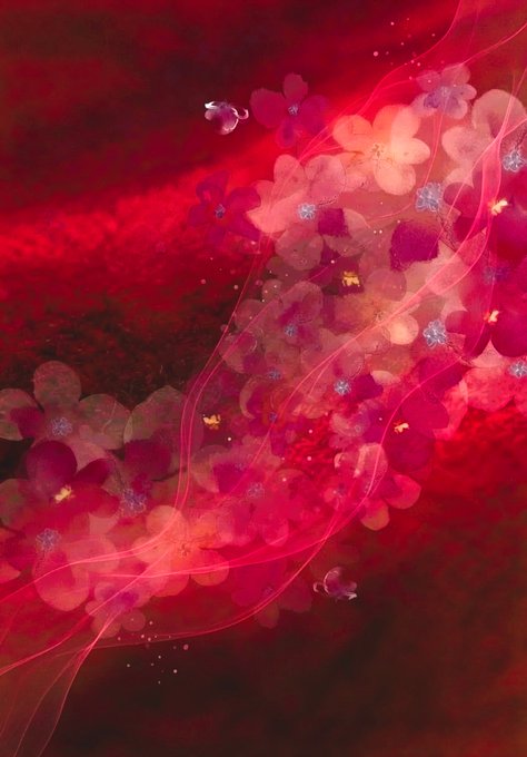 A vibrant digital artwork featuring translucent pink and red flowers with flowing light streaks against a deep red background.