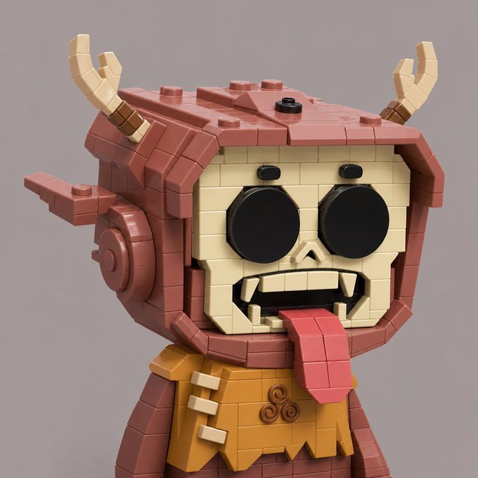 A LEGO-style brick figure of a skull-faced character with red hair, horns, black eyes, and a tongue sticking out, wearing a yellow shirt.