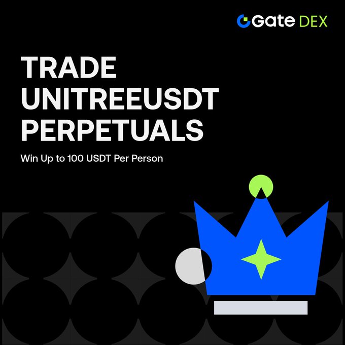 A black promotional banner for Gate DEX featuring a blue and green crown illustration on the right, with text reading "TRADE UNITREEUSDT PERPETUALS" and "Win Up to 100 USDT Per Person," highlighting their perpetuals trading promotion with rewards for first trades and high-volume traders.