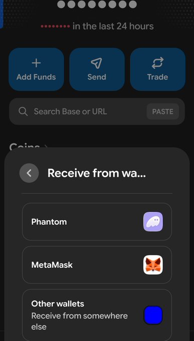Dark-themed mobile app screenshot showing crypto wallet options 'Receive from wa...' with Phantom, MetaMask, and Other wallets listed beneath Add Funds, Send, and Trade buttons.