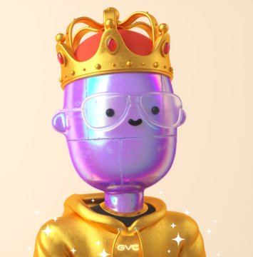 A purple iridescent 3D-rendered mascot character wearing sunglasses and a gold crown on top of its head, dressed in a gold hoodie with "GVC" branding.