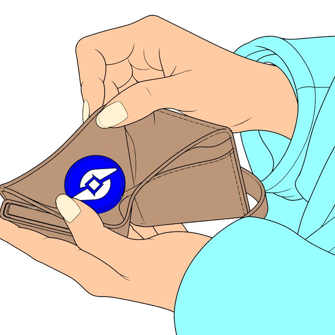 A minimalist line drawing showing a pair of hands opening a brown wallet to reveal a blue coin with a white rocket/spaceship logo inside, with the person wearing a light blue sleeve.