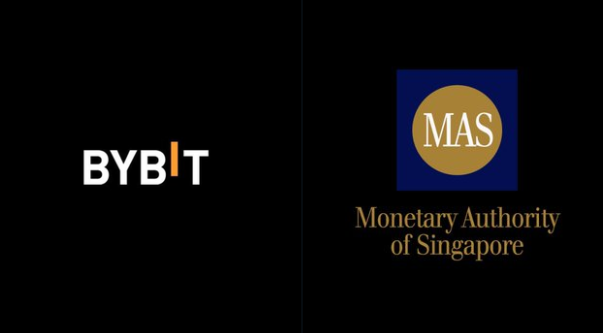 The image features two logos, one for Bybit and another for the Monetary Authority of Singapore (MAS). The MAS logo is positioned above the Bybit logo, indicating that MAS has officially added Bybit to its Investor Alert List. This decision by MAS signifies their strict regulatory approach towards financial institutions like Bybit, which are considered high-risk in Singapore.