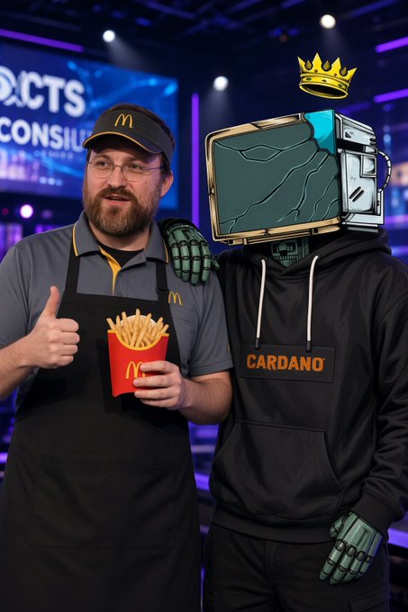 A bearded man in a McDonald's uniform gives a thumbs-up while holding fries next to a robot wearing a black 'CARDANO' hoodie with a cracked monitor head and a gold crown.