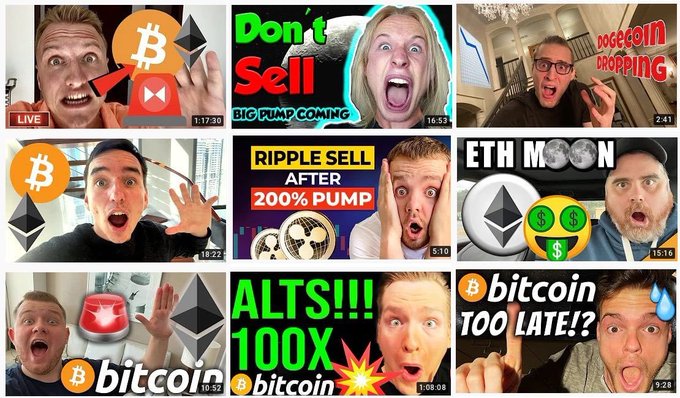 A 3x3 grid of YouTube thumbnails featuring crypto influencers with exaggerated shocked expressions, showcasing various cryptocurrency tickers including Bitcoin, Ethereum, Ripple, and Dogecoin, alongside sensational headlines like "Don't Sell," "BIG PUMP COMING," "Dogecoin DROPPING," "RIPPLE SELL AFTER 200% PUMP," "ETH MOON," and "ALTS!!! 100x." The collage serves as a humorous visual representation of over-the-top crypto YouTube content that veteran investors have likely grown weary of over the years.
