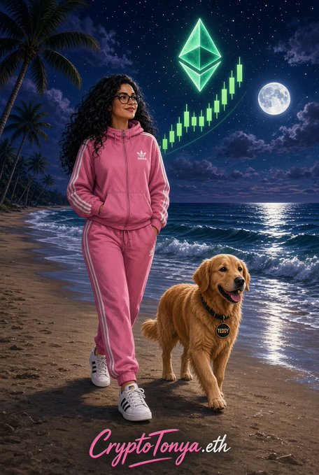 A digital artwork of a woman in a pink Adidas tracksuit with glasses walking on a beach at night with a golden retriever, featuring an Ethereum logo, a green candlestick chart, and the text 'CryptoTonya.eth'.