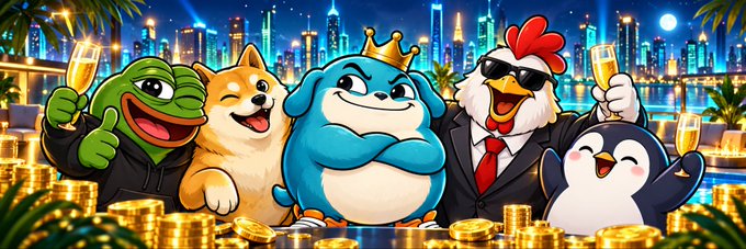 A cartoon illustration featuring various meme animals—including a Pepe frog, Shiba Inu, a crowned blue dog, and a chicken—celebrating with champagne glasses and surrounded by gold coins against a city skyline.