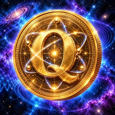 A golden coin featuring the letter 'Q' at its center floats against a vibrant cosmic background of purple and blue galaxies.