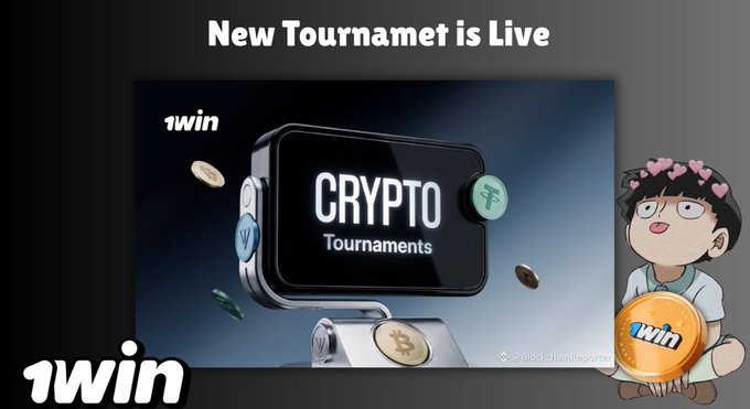 An advertisement banner reading 'New Tournamet is Live' (with a typo) promoting 'CRYPTO Tournaments' on the '1win' platform, featuring a 3D black device displaying the text alongside floating coins and a cartoon character holding a '1win' coin.