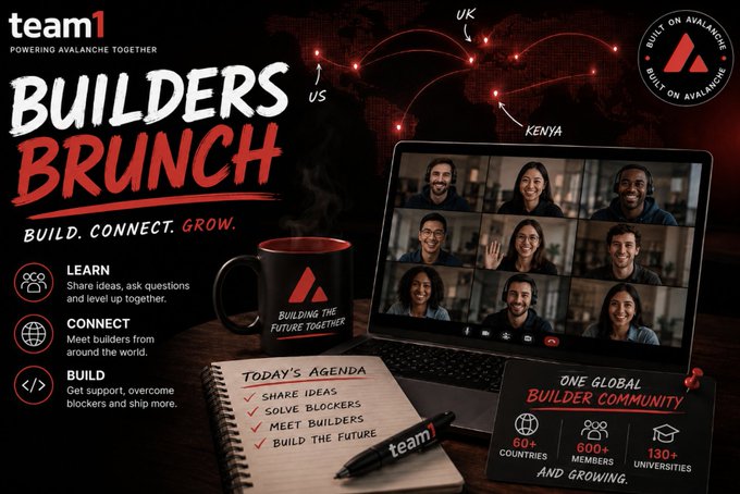 A promotional graphic for 'team1 Builders Brunch' featuring a virtual meeting on a laptop, a map with pins for US, UK, and Kenya, and an agenda listing 'Share ideas, Solve blockers, Meet builders, Build the future'.