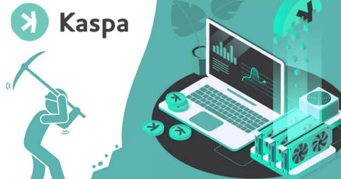 The image features the Kaspa logo alongside an illustration of a miner with a pickaxe next to a laptop displaying mining data and Kaspa coins, visually representing the post's message about Kaspa ($KAS) mining evolving beyond traditional proof-of-work models like Bitcoin through continuous network upgrades.