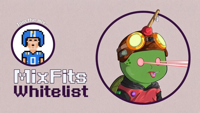 A promotional graphic for a "MixFits Whitelist" collaboration featuring a blue pixel-art football character (with "Join the mix!" text) on the left and a green turtle wearing steampunk goggles and firing red laser eyes on the right, supporting the MixFits x TurtleTribeNFTs whitelist giveaway on the Robinhood chain.