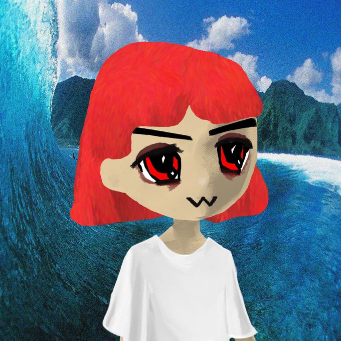 An anime-style avatar of a girl with short red hair and large red irises, wearing a plain white t-shirt, superimposed against a vibrant background of a massive blue ocean wave and tropical mountains.