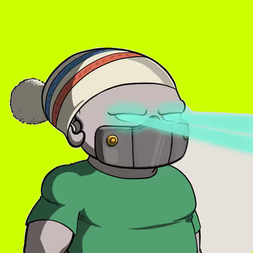 A cartoon-style illustration shows a character wearing a winter beanie and face mask, shooting blue laser beams from their eyes against a bright green background.