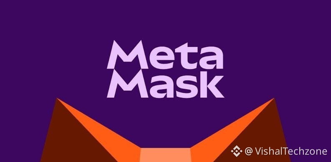 The MetaMask logo displayed in white text on a purple background with an orange fox illustration, credited to @VishalTechzone.
