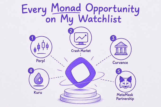 An infographic titled 'Every Monad Opportunity on My Watchlist' displays the Monad logo in the center, connected to five icons labeled 'Perpl', 'Crash Market', 'Curvance', 'Kuru', and 'MetaMask Partnership'.