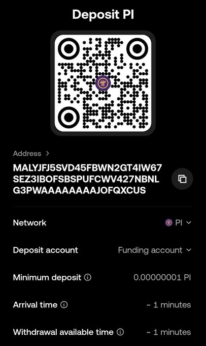 A dark-themed OKX deposit screen for Pi cryptocurrency displays a QR code alongside the wallet address "MALYJFJ5SVD45FBWN2GT4IW67SEZ3IBOFBSBSPUFCWV427NBNLG3PWAAAAAAAAJOFQXCUS," confirming the post's observation by showing the minimum deposit requirement set to 0.00000001 Pi with an arrival time of approximately 1 minute.