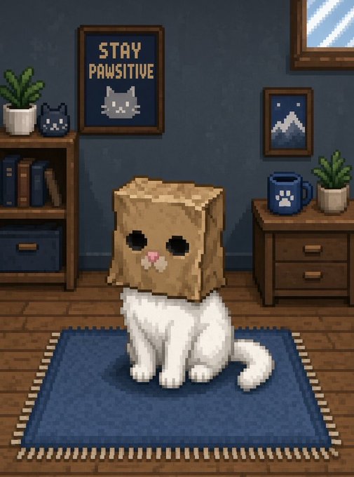 A white cat sits on a blue rug wearing a cardboard box on its head in a cozy pixel-art room, with a "STAY PAWSITIVE" cat poster on the wall behind it. The image's cat theme and playful "pawsitive" pun tie into the $ZCAT token's crypto airdrop announcement, where the feline mascot accompanies the reward rates listed in the caption.
