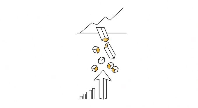 A line graph with a sharp upward trend sits above a large arrow pointing up alongside a rising bar chart, while scattered cubes cascade downward from the line—visually depicting the dramatic Bitcoin price surge following major market liquidations totaling $2.98 billion and expanded U.S. Treasury buybacks.