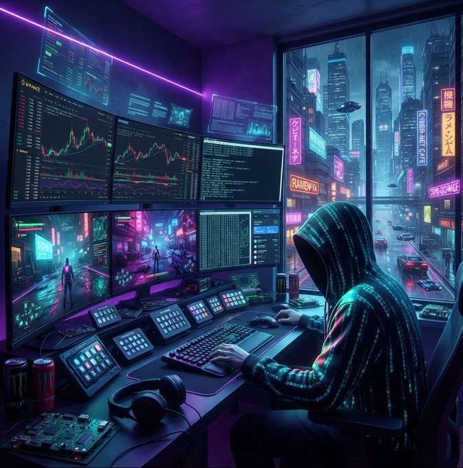 A cyberpunk-style digital artwork of a hooded hacker in a dark hoodie with green code text, working at a multi-monitor setup displaying charts and code, with a neon-lit cityscape visible through a window.