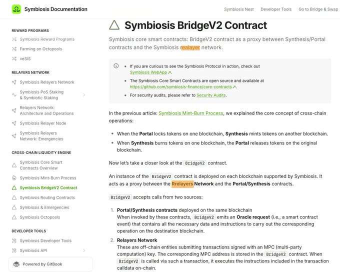 Documentation webpage titled 'Symbiosis BridgeV2 Contract' explaining the Symbiosis core smart contracts acting as a proxy between Synthesis/Portal contracts and the Symbiosis relayer network.