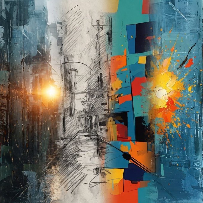 The image features a black and white sketch of a cityscape with buildings and a street scene. The sketch is rendered in pencil, giving it an artistic touch. In contrast, there's also a colorful painting depicting a city scene filled with vibrant colors that adds life to the image. The two artworks are placed side by side, creating a visual comparison between the monochrome sketch and the colorful painting.