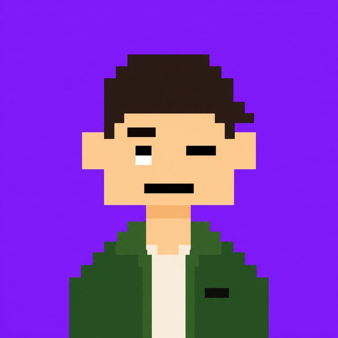 A pixel art portrait of a young man with dark hair wearing a green jacket over a white shirt, set against a solid purple background—styled in the retro Meta Pixel aesthetic referenced in the Ink Onchain NFT drop announcement.