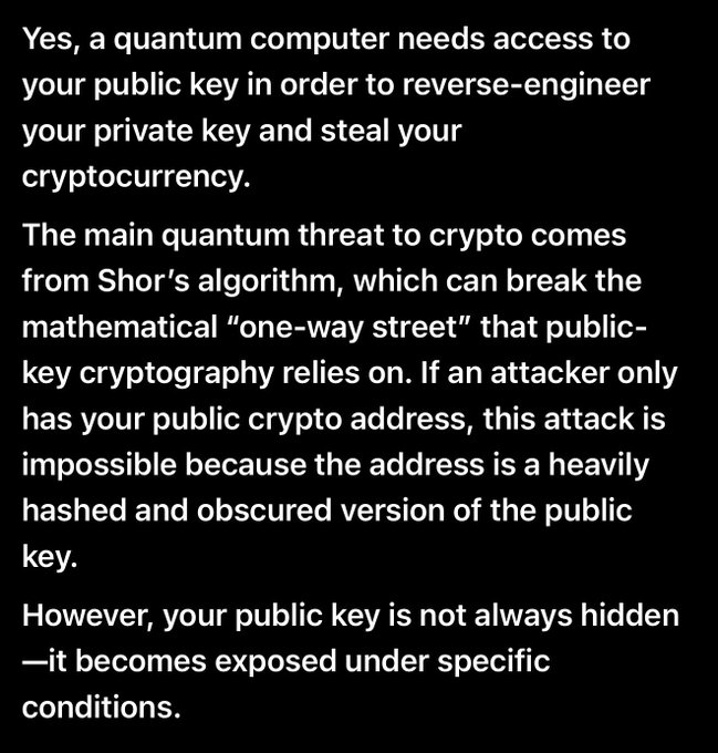 Text explaining quantum computing threats to cryptocurrency, discussing how Shor's algorithm could reverse-engineer private keys if public keys become exposed.