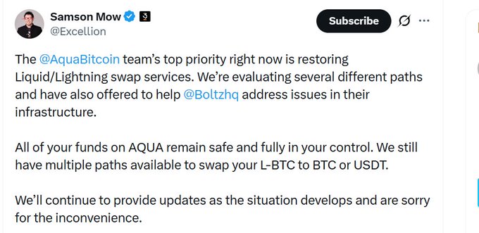 A tweet from Samson Mow (@Excellion) stating that the @AquaBitcoin team's top priority is restoring Liquid/Lightning swap services, evaluating multiple paths, and offering help to @Boltzhq infrastructure, while assuring users that AQUA funds remain safe and controlled with paths available to swap L-BTC to BTC or USDT. The post relates to the accompanying caption's warning to immediately swap Liquid-BTC for actual Bitcoin due to apparent service issues.