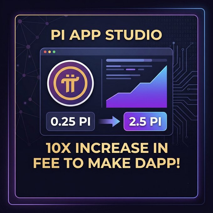 The image is a graphic titled "PI APP STUDIO" featuring the Pi cryptocurrency logo and a window interface showing a fee increase from 0.25 PI to 2.5 PI, accompanied by the text "10X INCREASE IN FEE TO MAKE DAPP!" The graphic visually reinforces the post's criticism of Pi Network's recent fee hike, highlighting the dramatic 10x cost increase that the post argues represents unrealistic crypto economics when applied to real fiat valuations.