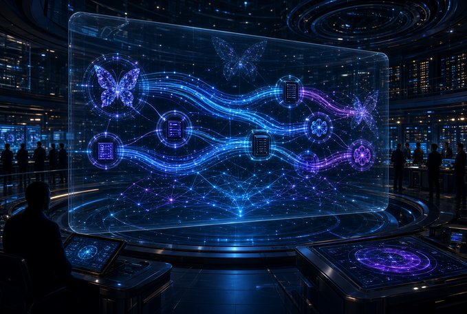 A futuristic scene depicting a person sitting in a high-tech control room viewing a large holographic display with interconnected butterfly patterns and flowing data streams in blue and purple hues.