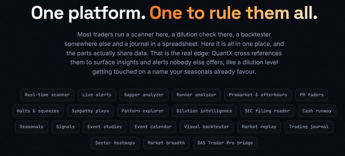 A marketing graphic for a trading platform with the headline 'One platform. One to rule them all.,' highlighting that 'QuantX cross references them to surface insights' and displaying feature tags such as 'Real-time scanner,' 'Live alerts,' 'Gapper analyzer,' 'Dilution intelligence,' and 'SEC filing reader.'